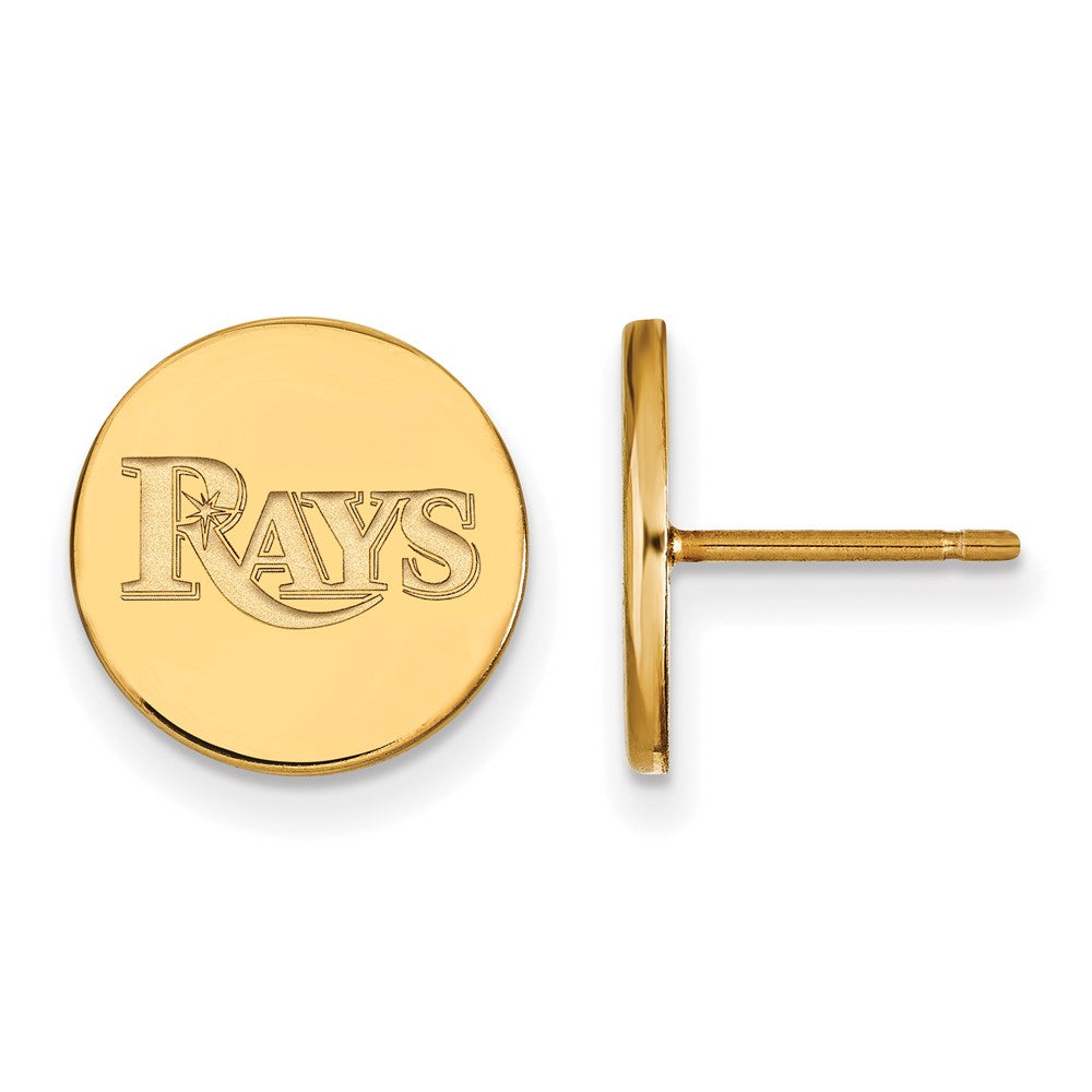 14K Gold Plated Silver MLB Tampa Bay Rays SM Script Disc Post Earrings, Item E18944 by The Black Bow Jewelry Co.