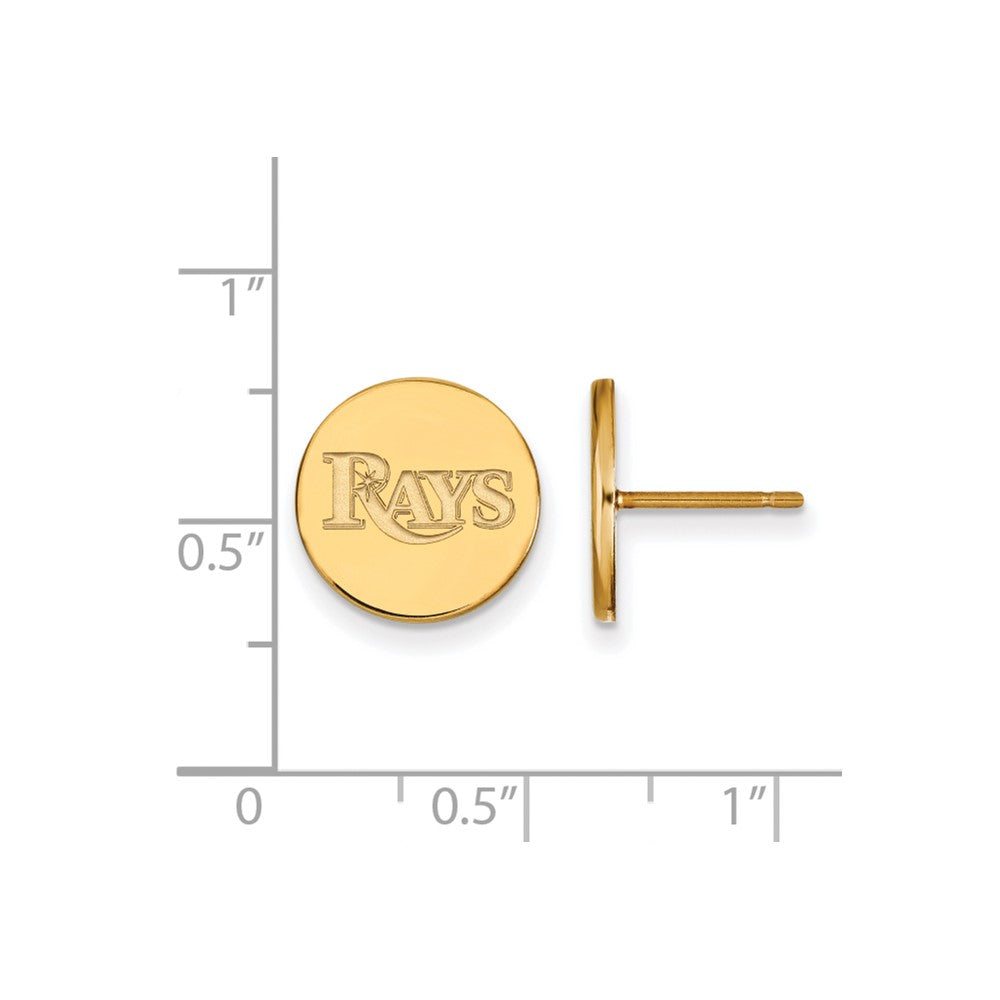 Alternate view of the 14K Gold Plated Silver MLB Tampa Bay Rays SM Script Disc Post Earrings by The Black Bow Jewelry Co.