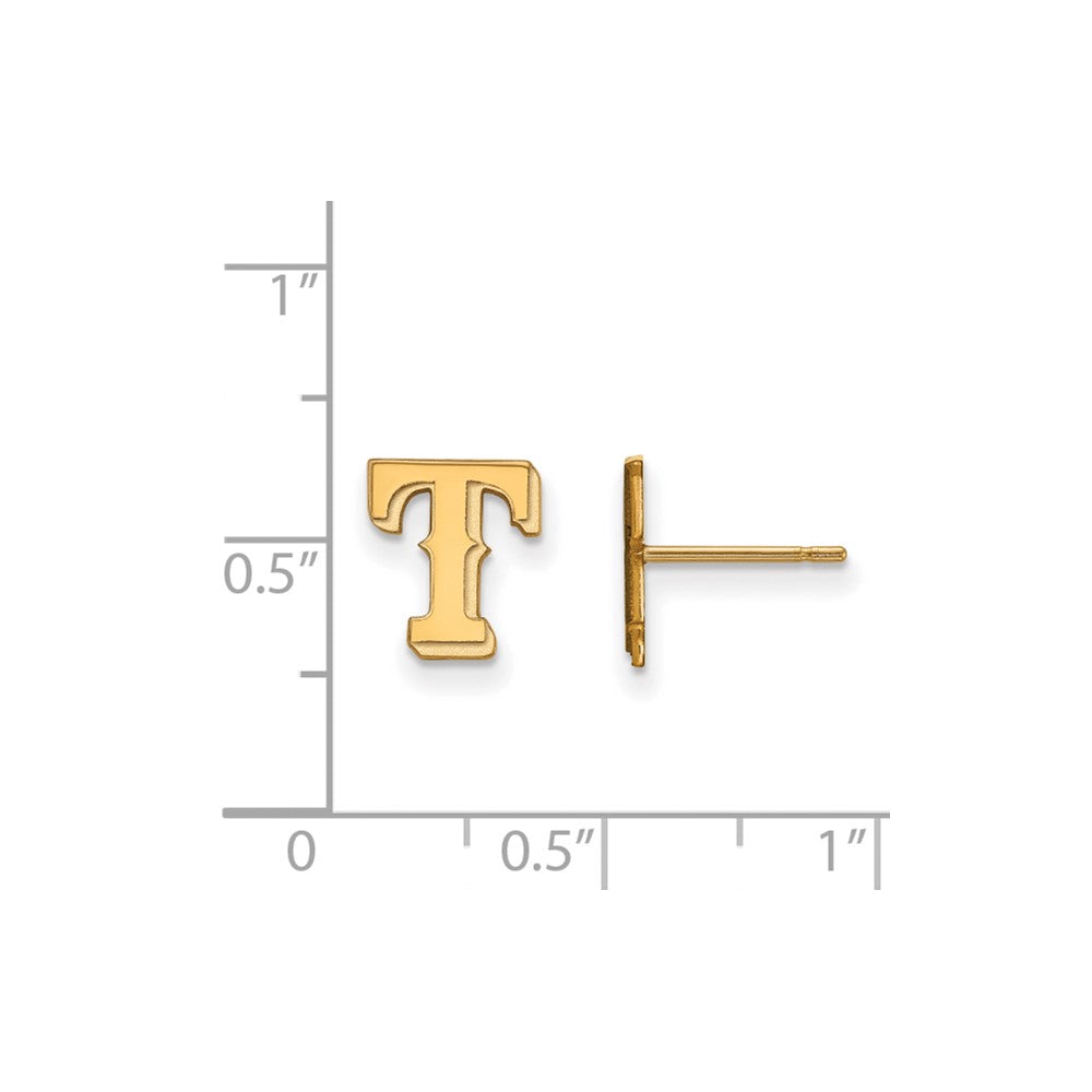 Alternate view of the 14K Yellow Gold MLB Texas Rangers XS Letter T Post Earrings by The Black Bow Jewelry Co.
