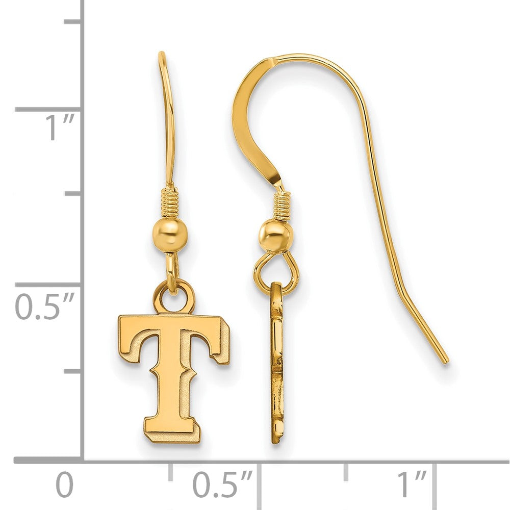 Alternate view of the 14K Gold Plated Silver MLB Texas Rangers XS Letter T Dangle Earrings by The Black Bow Jewelry Co.