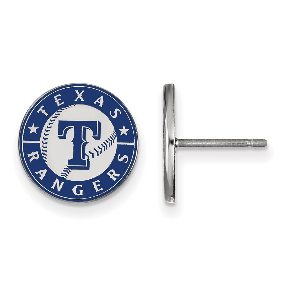 Sterling Silver MLB Texas Rangers SM Enamel Script Disc Post Earrings, Item E18964 by The Black Bow Jewelry Co.