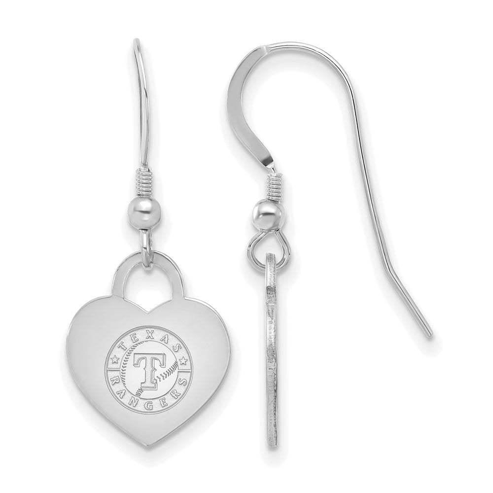 Sterling Silver MLB Texas Rangers Script Heart Dangle Earrings, Item E18965 by The Black Bow Jewelry Co.
