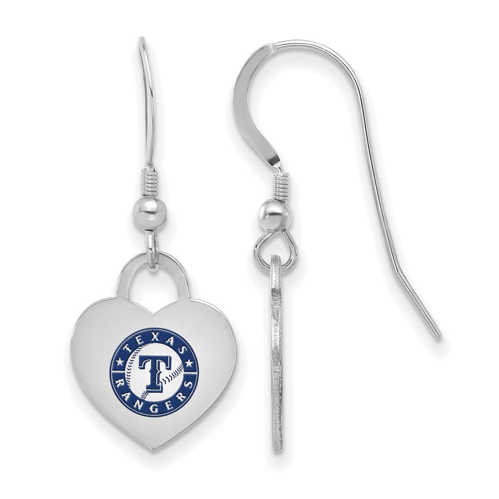 Sterling Silver MLB Texas Rangers Enamel Script Heart Dangle Earrings, Item E18966 by The Black Bow Jewelry Co.