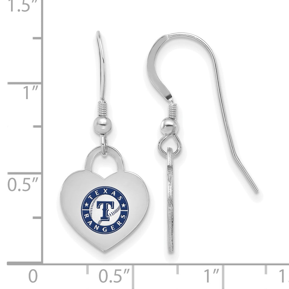 Alternate view of the Sterling Silver MLB Texas Rangers Enamel Script Heart Dangle Earrings by The Black Bow Jewelry Co.