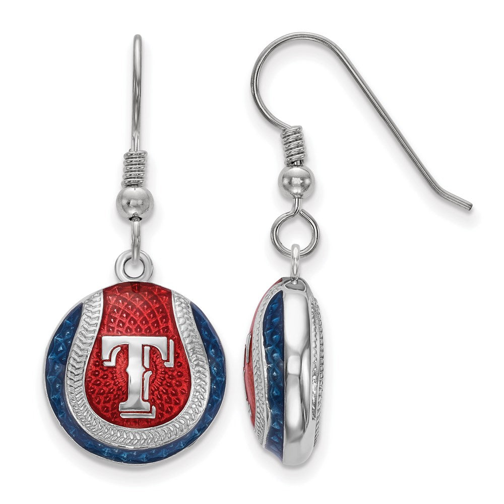 Sterling Silver MLB Texas Rangers Enamel Domed Dangle Earrings, Item E18967 by The Black Bow Jewelry Co.