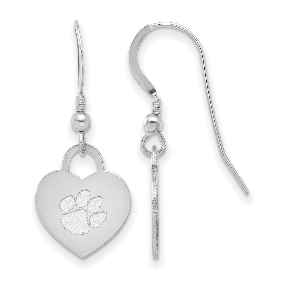Sterling Silver Clemson University Small Heart Dangle Earrings, Item E18985 by The Black Bow Jewelry Co.