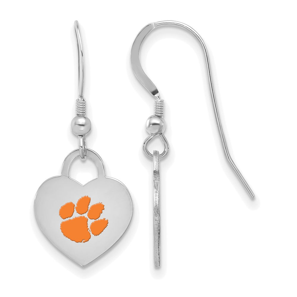 Sterling Silver Clemson University Small Enamel Heart Dangle Earrings, Item E18986 by The Black Bow Jewelry Co.