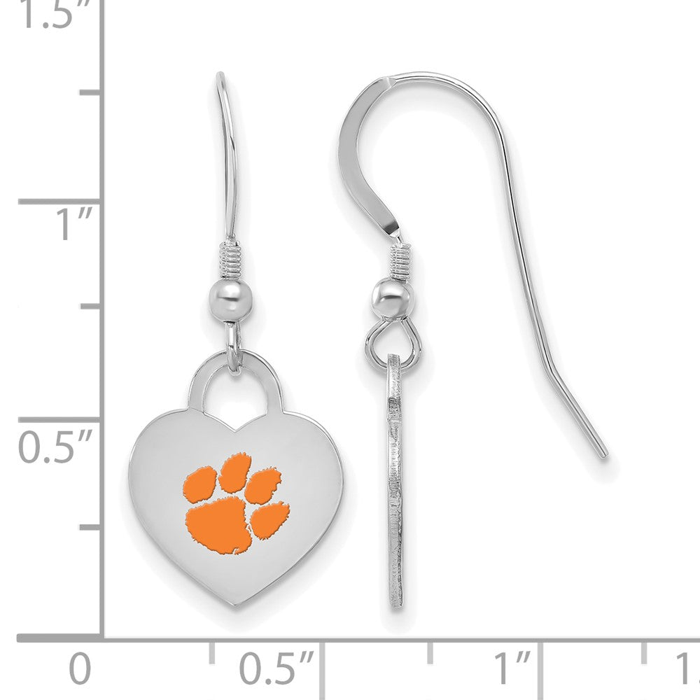 Alternate view of the Sterling Silver Clemson University Small Enamel Heart Dangle Earrings by The Black Bow Jewelry Co.