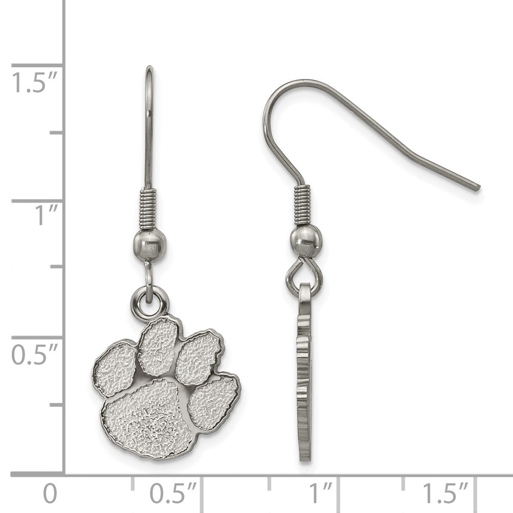 Alternate view of the Stainless Steel Clemson University Small Tiger Paw Dangle Earrings by The Black Bow Jewelry Co.