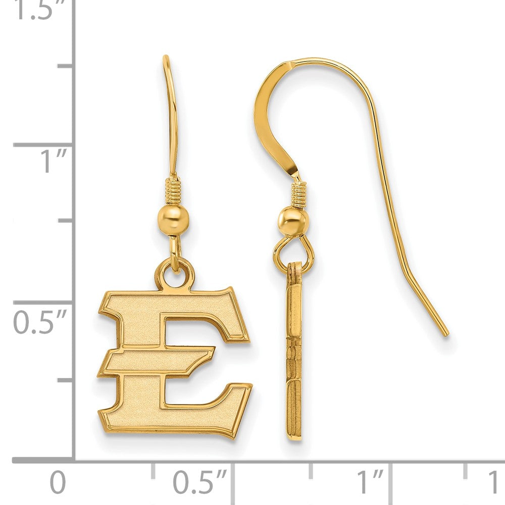 Alternate view of the 14K Gold Plated Silver East Tennessee State Small 'E' Dangle Earrings by The Black Bow Jewelry Co.