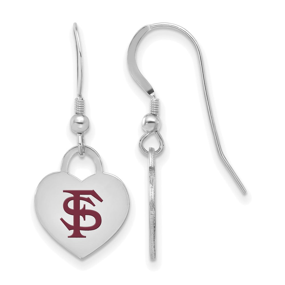 Sterling Silver Florida State University Enamel Heart Dangle Earrings, Item E18995 by The Black Bow Jewelry Co.