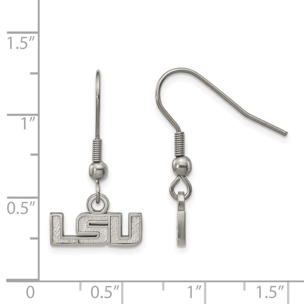 Alternate view of the Stainless Steel Louisiana State University XS (Tiny) Dangle Earrings by The Black Bow Jewelry Co.