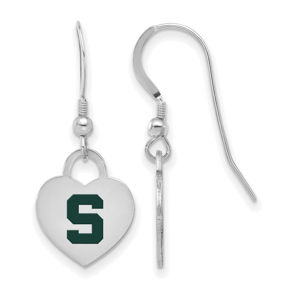 Sterling Silver Michigan State University Enamel Heart Dangle Earrings, Item E19009 by The Black Bow Jewelry Co.