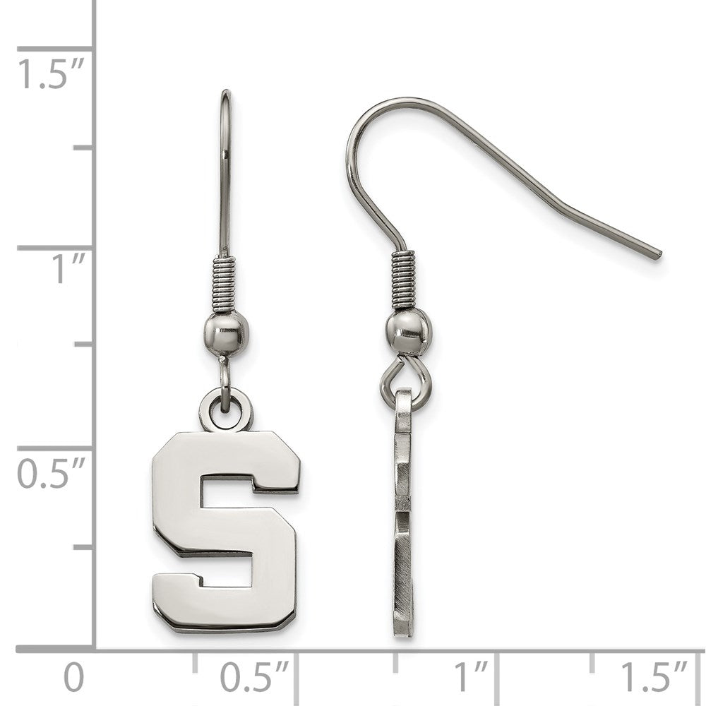 Alternate view of the Stainless Steel Michigan State University Small Dangle Earrings by The Black Bow Jewelry Co.