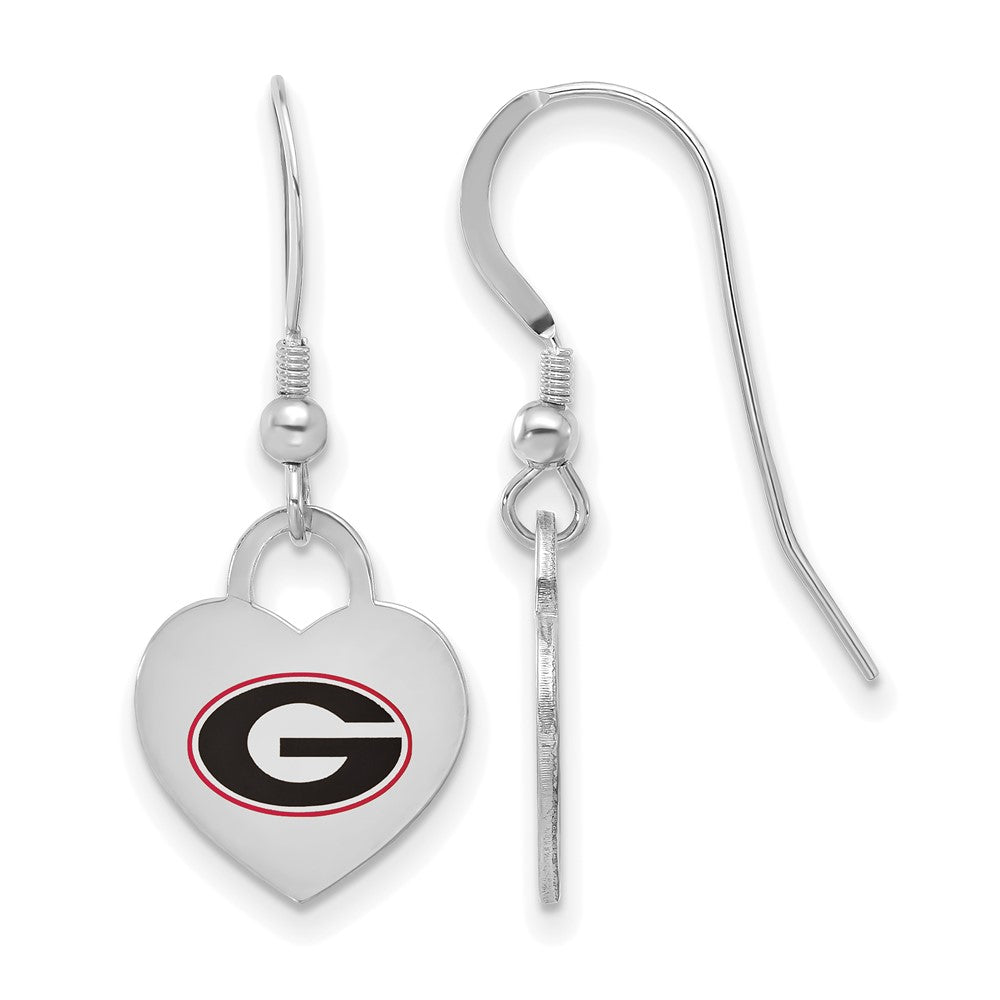 Sterling Silver University of Georgia Enamel Heart Dangle Earrings, Item E19028 by The Black Bow Jewelry Co.