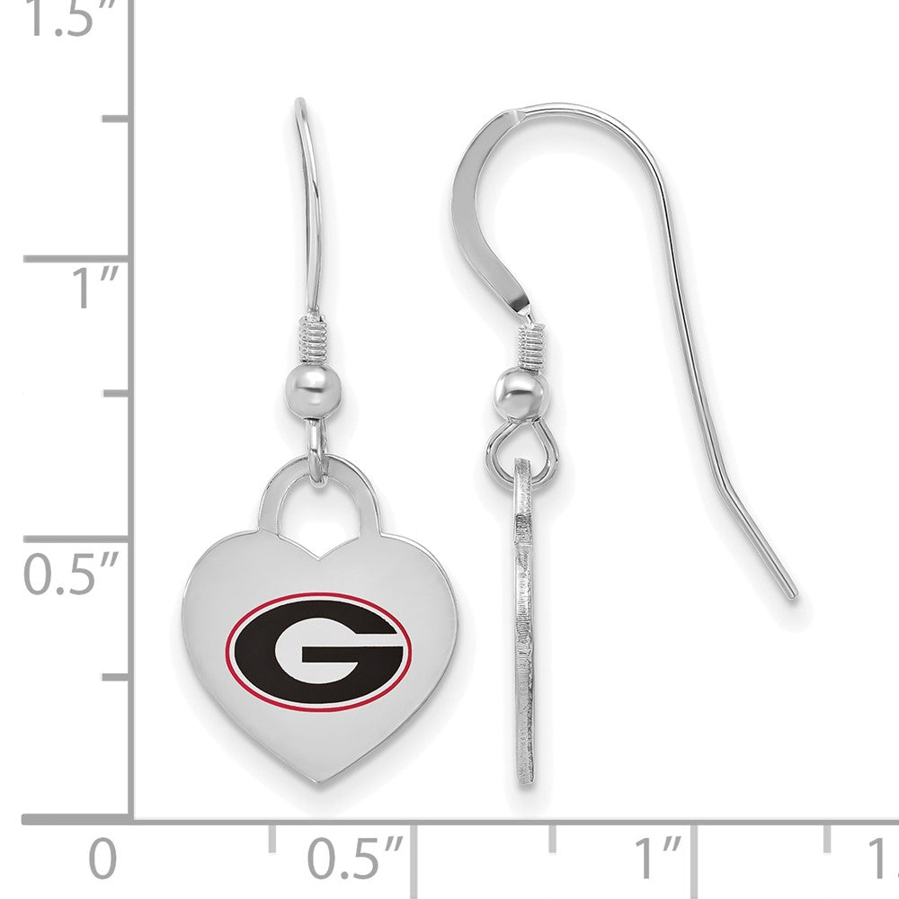 Alternate view of the Sterling Silver University of Georgia Enamel Heart Dangle Earrings by The Black Bow Jewelry Co.