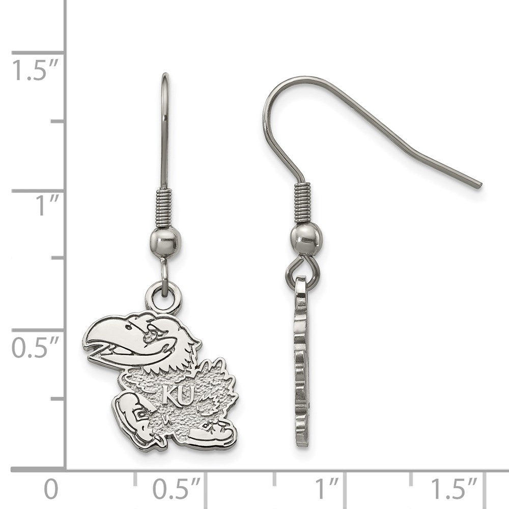 Alternate view of the Stainless Steel University of Kansas Small Mascot Dangle Earrings by The Black Bow Jewelry Co.