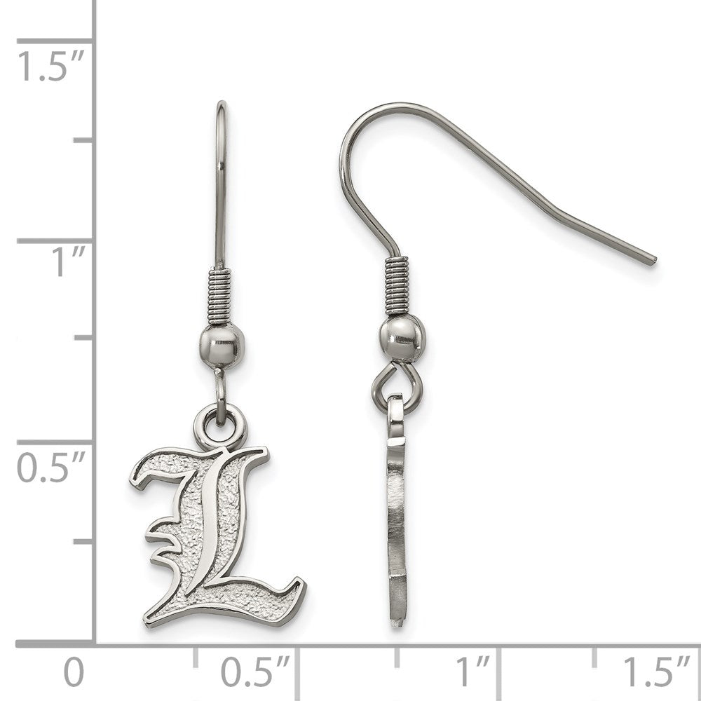 Alternate view of the Stainless Steel University of Louisville Small Dangle Earrings by The Black Bow Jewelry Co.