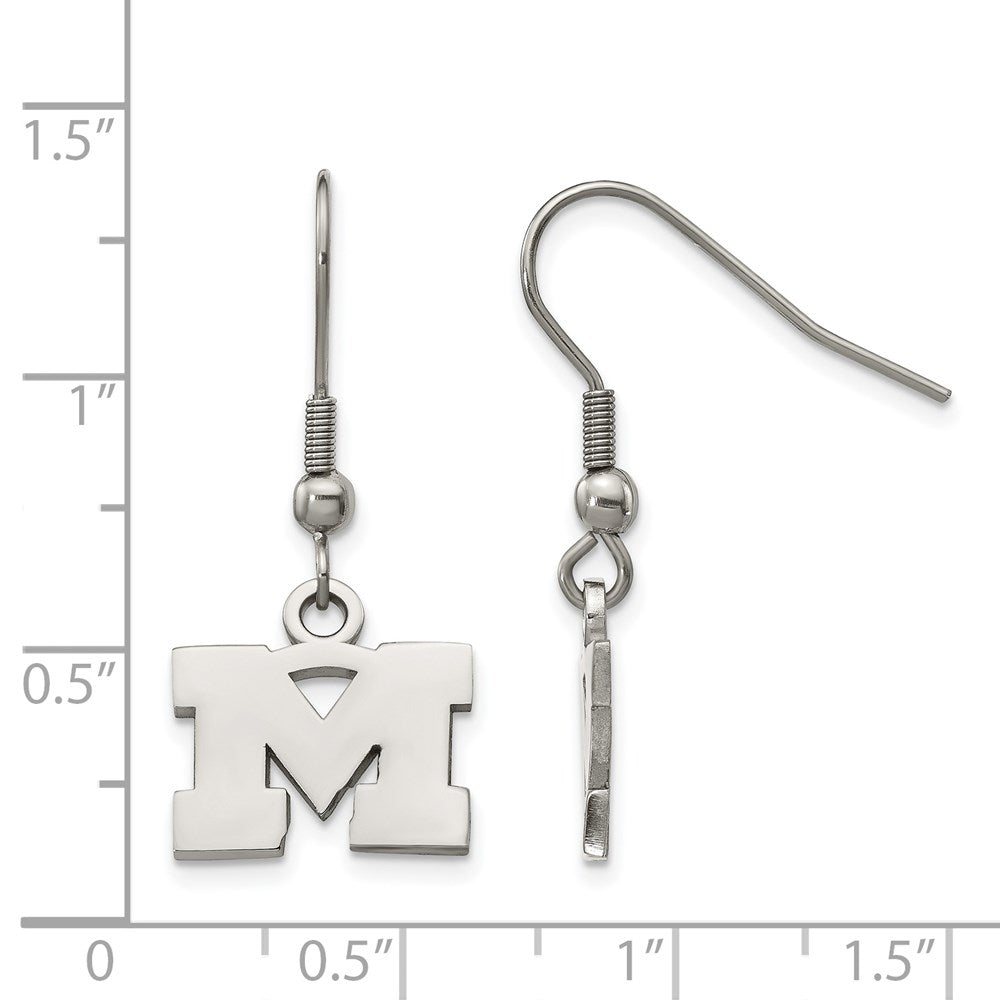 Alternate view of the Stainless Steel University of Michigan XS Letter M Dangle Earrings by The Black Bow Jewelry Co.