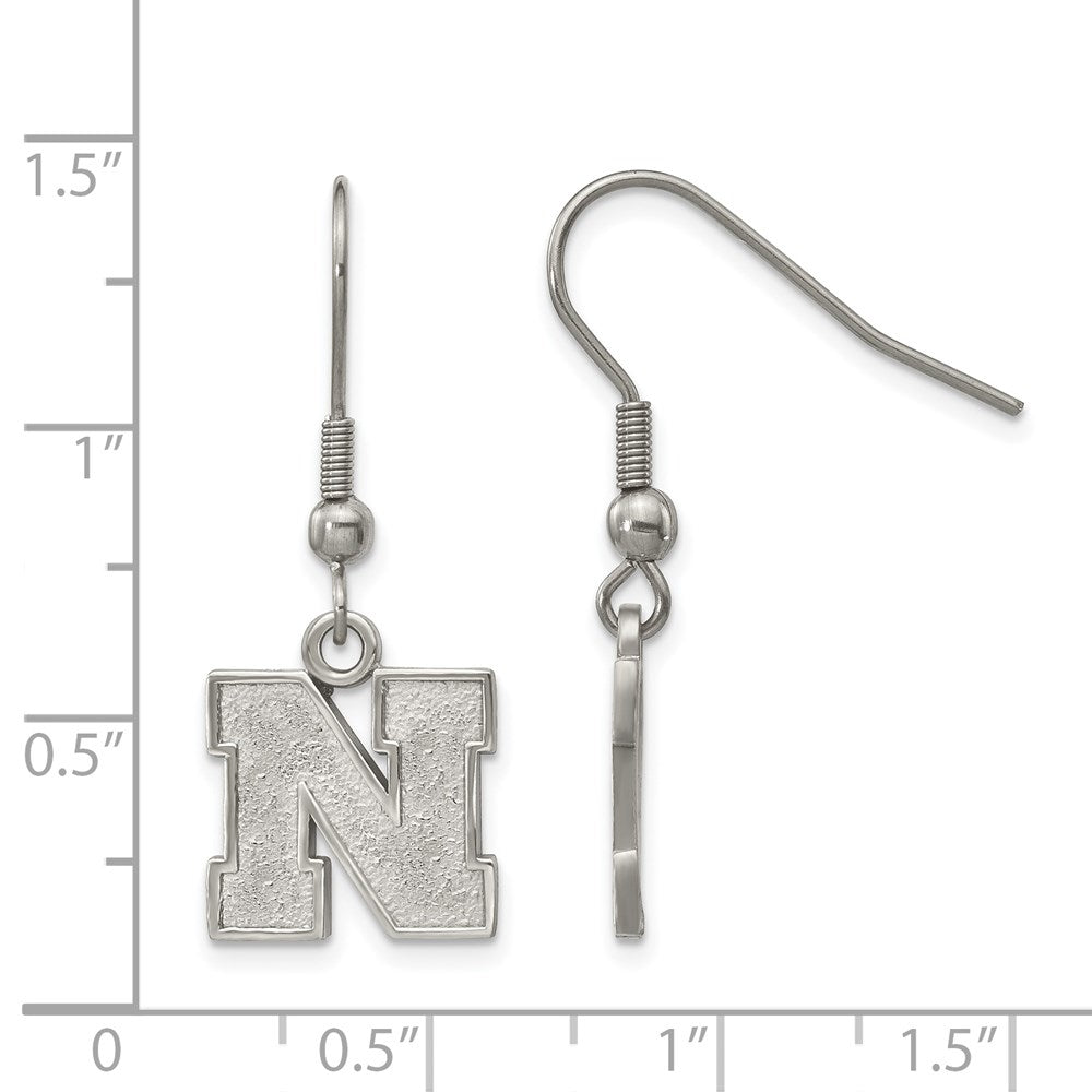 Alternate view of the Stainless Steel University of Nebraska Small Initial N Dangle Earrings by The Black Bow Jewelry Co.