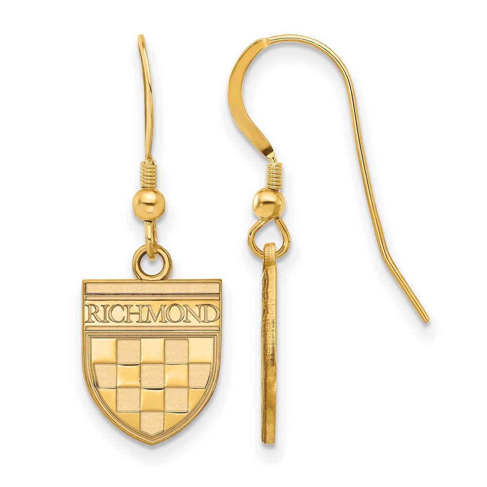 14K Gold Plated Silver U. Of Richmond Small Shield Dangle Earrings, Item E19042 by The Black Bow Jewelry Co.