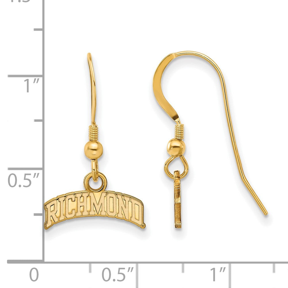 Alternate view of the 14K Gold Plated Silver U. of Richmond Small Script Dangle Earrings by The Black Bow Jewelry Co.