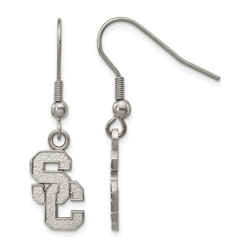 Stainless Steel U. of Southern California Small Dangle Earrings, Item E19075 by The Black Bow Jewelry Co.