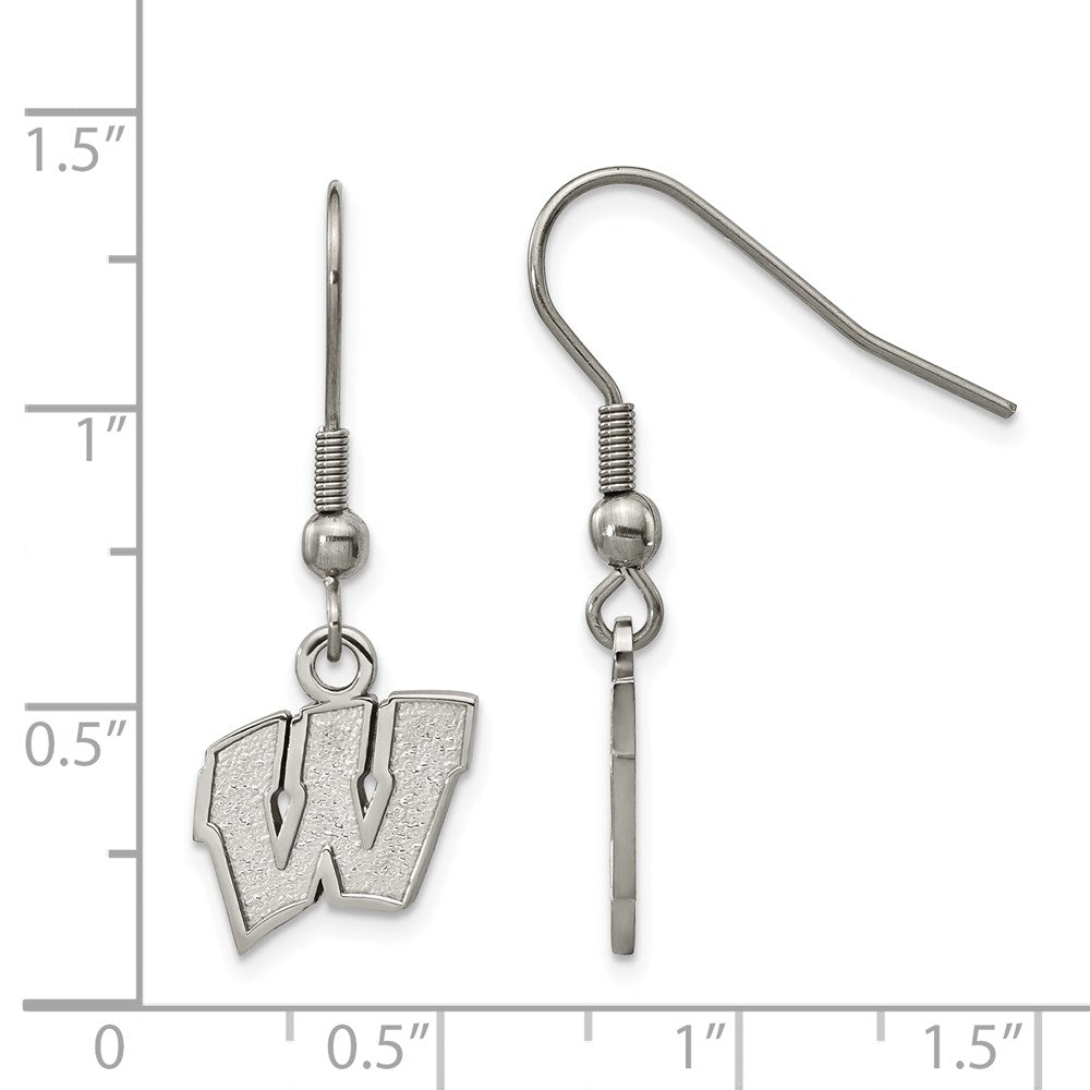 Alternate view of the Stainless Steel University of Wisconsin Small Dangle Earrings by The Black Bow Jewelry Co.