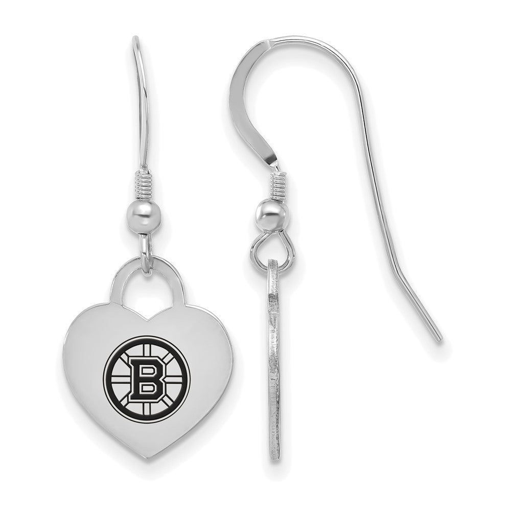 Sterling Silver NHL Boston Bruins Enamel Heart Dangle Earrings, Item E19083 by The Black Bow Jewelry Co.