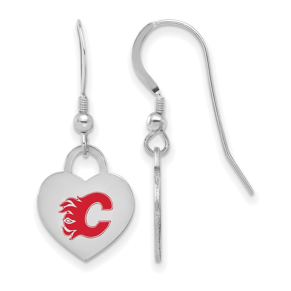 Sterling Silver NHL Calgary Flames Enamel Heart Dangle Earrings, Item E19087 by The Black Bow Jewelry Co.
