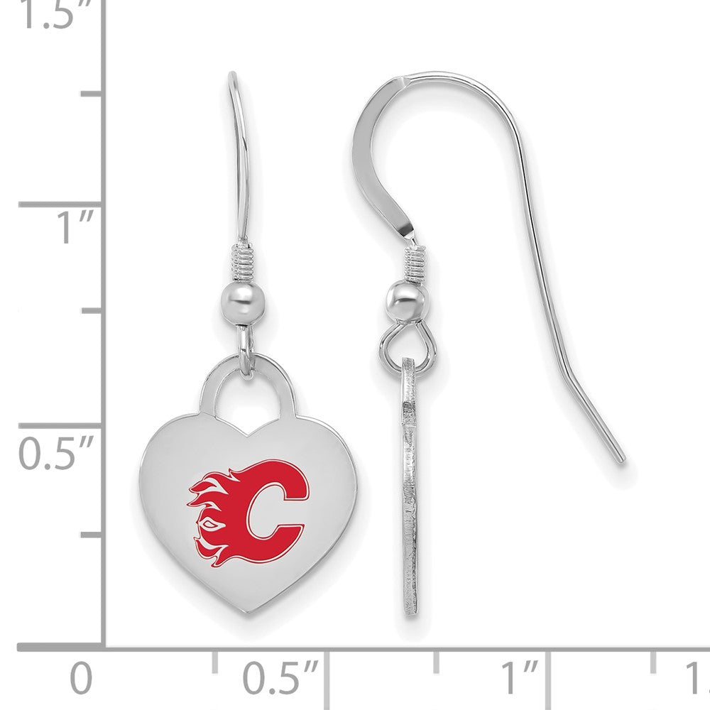 Alternate view of the Sterling Silver NHL Calgary Flames Enamel Heart Dangle Earrings by The Black Bow Jewelry Co.