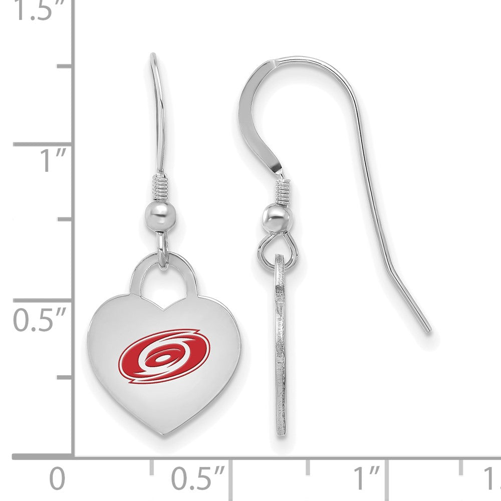 Alternate view of the Sterling Silver NHL Carolina Hurricanes Enamel Heart Dangle Earrings by The Black Bow Jewelry Co.
