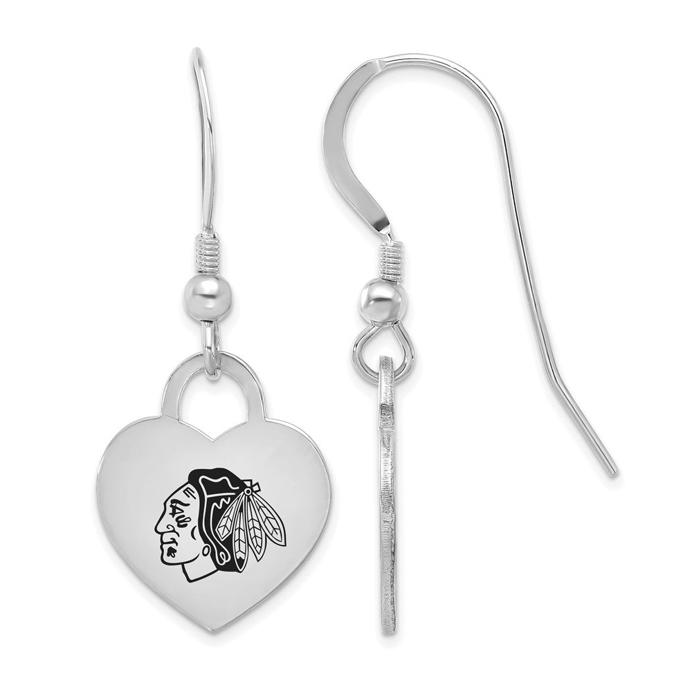 Sterling Silver NHL Chicago Blackhawks Enamel Heart Dangle Earrings, Item E19091 by The Black Bow Jewelry Co.