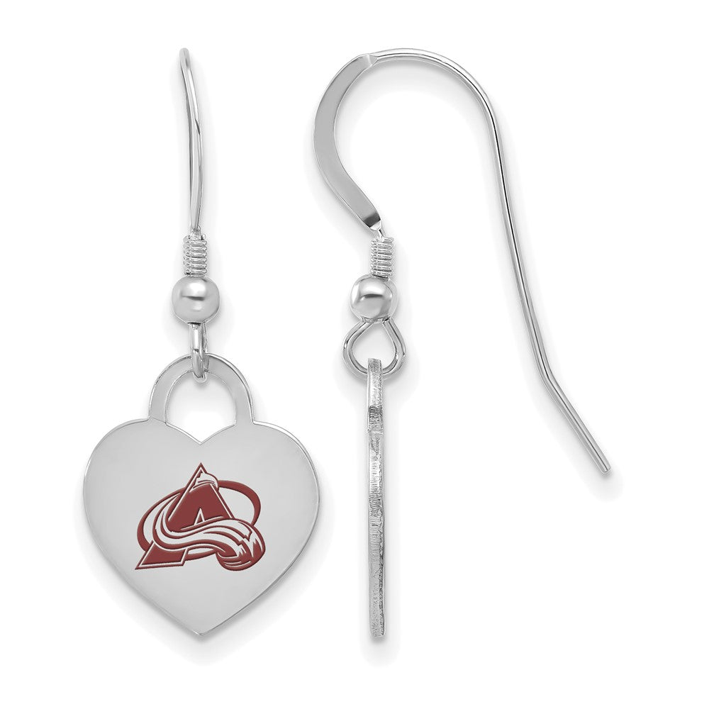 Sterling Silver NHL Colorado Avalanche Enamel Heart Dangle Earrings, Item E19093 by The Black Bow Jewelry Co.