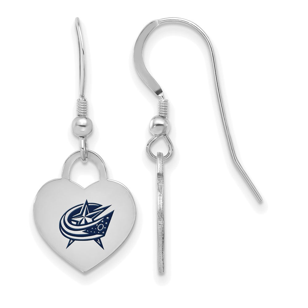Sterling Silver NHL Columbus Blue Jackets Enamel Heart Dangle Earrings, Item E19095 by The Black Bow Jewelry Co.