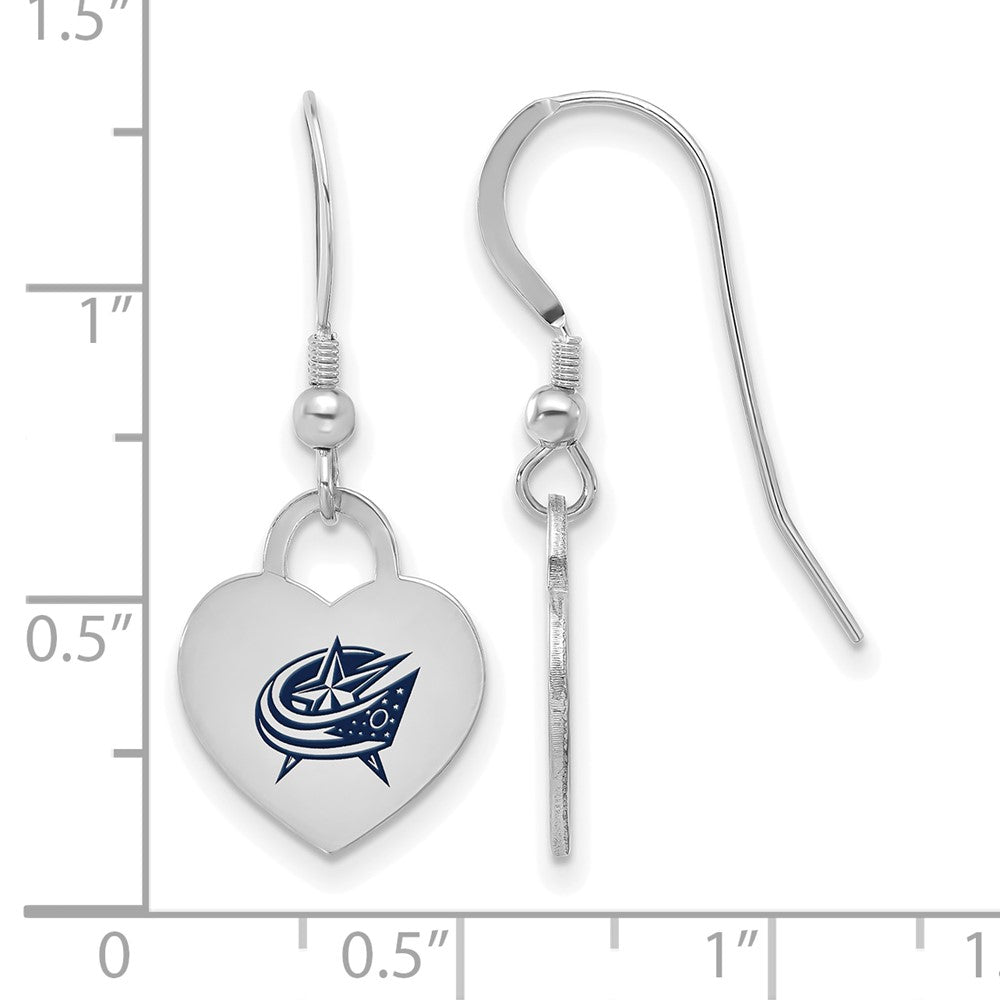 Alternate view of the Sterling Silver NHL Columbus Blue Jackets Enamel Heart Dangle Earrings by The Black Bow Jewelry Co.