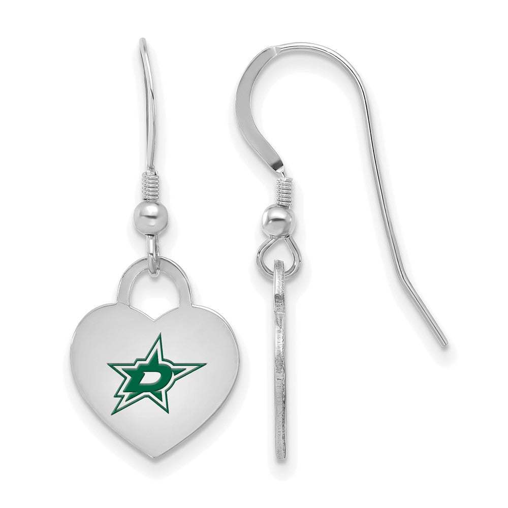Sterling Silver NHL Dallas Stars Enamel Heart Dangle Earrings, Item E19097 by The Black Bow Jewelry Co.