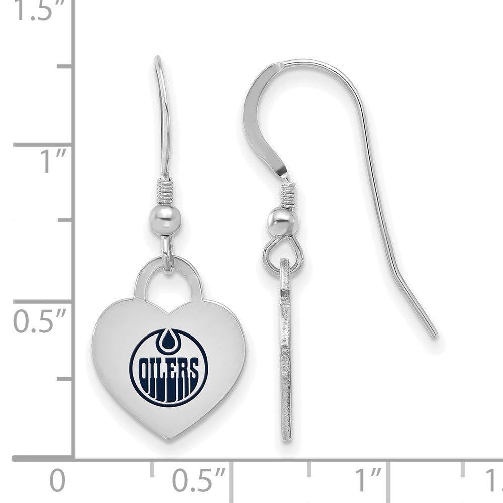 Alternate view of the Sterling Silver NHL Edmonton Oilers Enamel Heart Dangle Earrings by The Black Bow Jewelry Co.