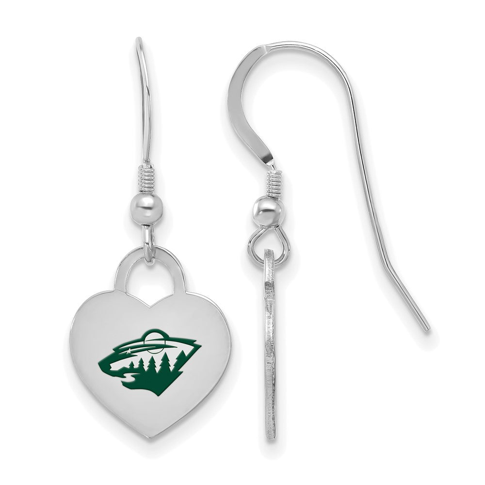 Sterling Silver NHL Minnesota Wild Enamel Heart Dangle Earrings, Item E19105 by The Black Bow Jewelry Co.