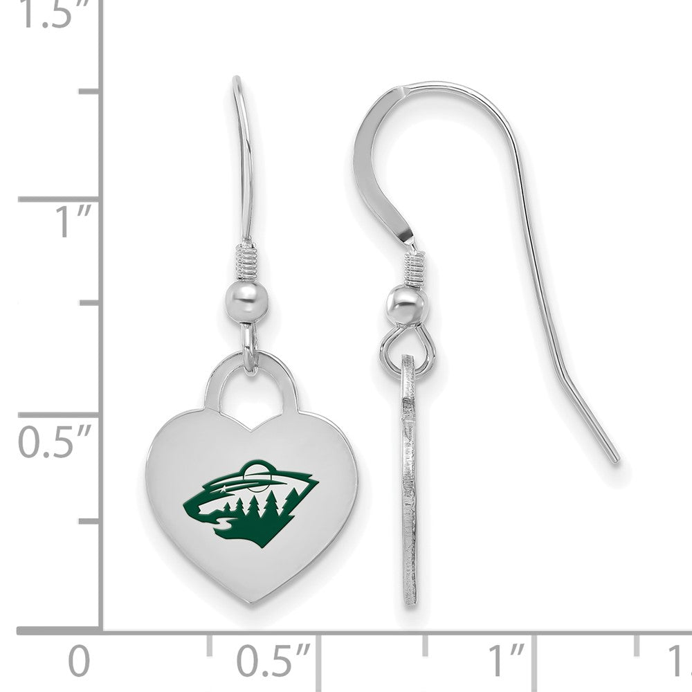 Alternate view of the Sterling Silver NHL Minnesota Wild Enamel Heart Dangle Earrings by The Black Bow Jewelry Co.