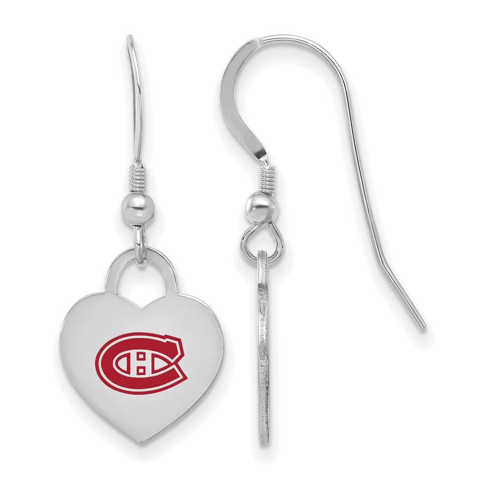 Sterling Silver NHL Montreal Canadiens Enamel Heart Dangle Earrings, Item E19107 by The Black Bow Jewelry Co.
