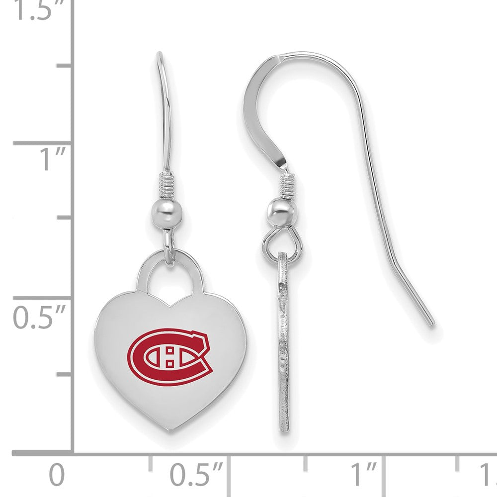 Alternate view of the Sterling Silver NHL Montreal Canadiens Enamel Heart Dangle Earrings by The Black Bow Jewelry Co.