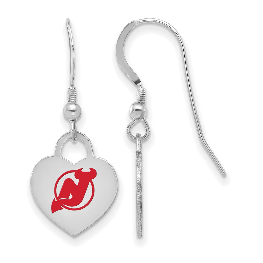 Sterling Silver NHL New Jersey Devils Enamel Heart Dangle Earrings, Item E19111 by The Black Bow Jewelry Co.