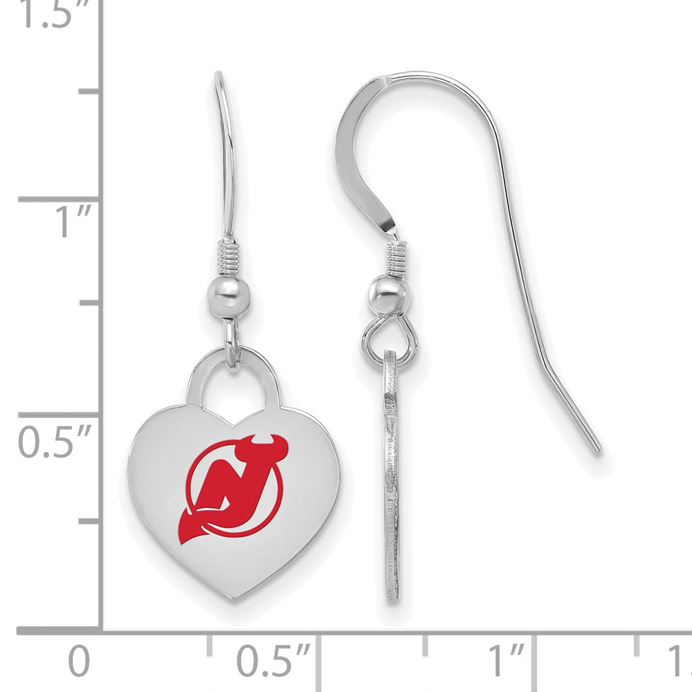 Alternate view of the Sterling Silver NHL New Jersey Devils Enamel Heart Dangle Earrings by The Black Bow Jewelry Co.