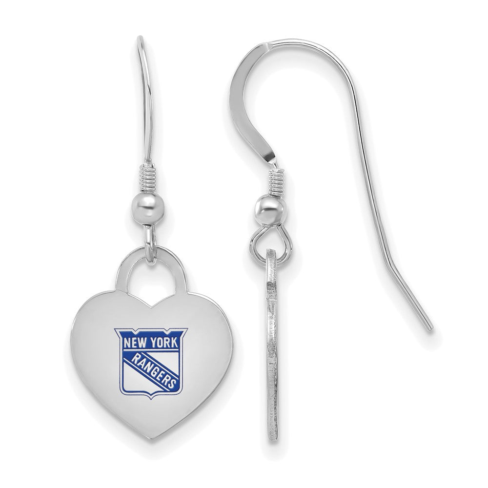Sterling Silver NHL New York Rangers Enamel Heart Dangle Earrings, Item E19115 by The Black Bow Jewelry Co.