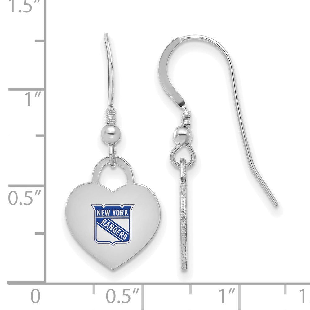 Alternate view of the Sterling Silver NHL New York Rangers Enamel Heart Dangle Earrings by The Black Bow Jewelry Co.