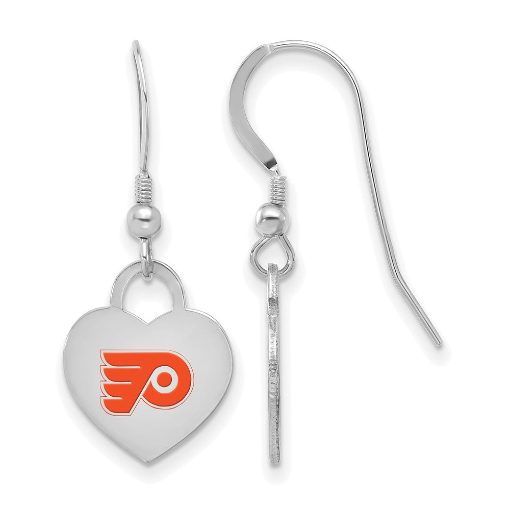 Sterling Silver NHL Philadelphia Flyers Enamel Heart Dangle Earrings, Item E19119 by The Black Bow Jewelry Co.