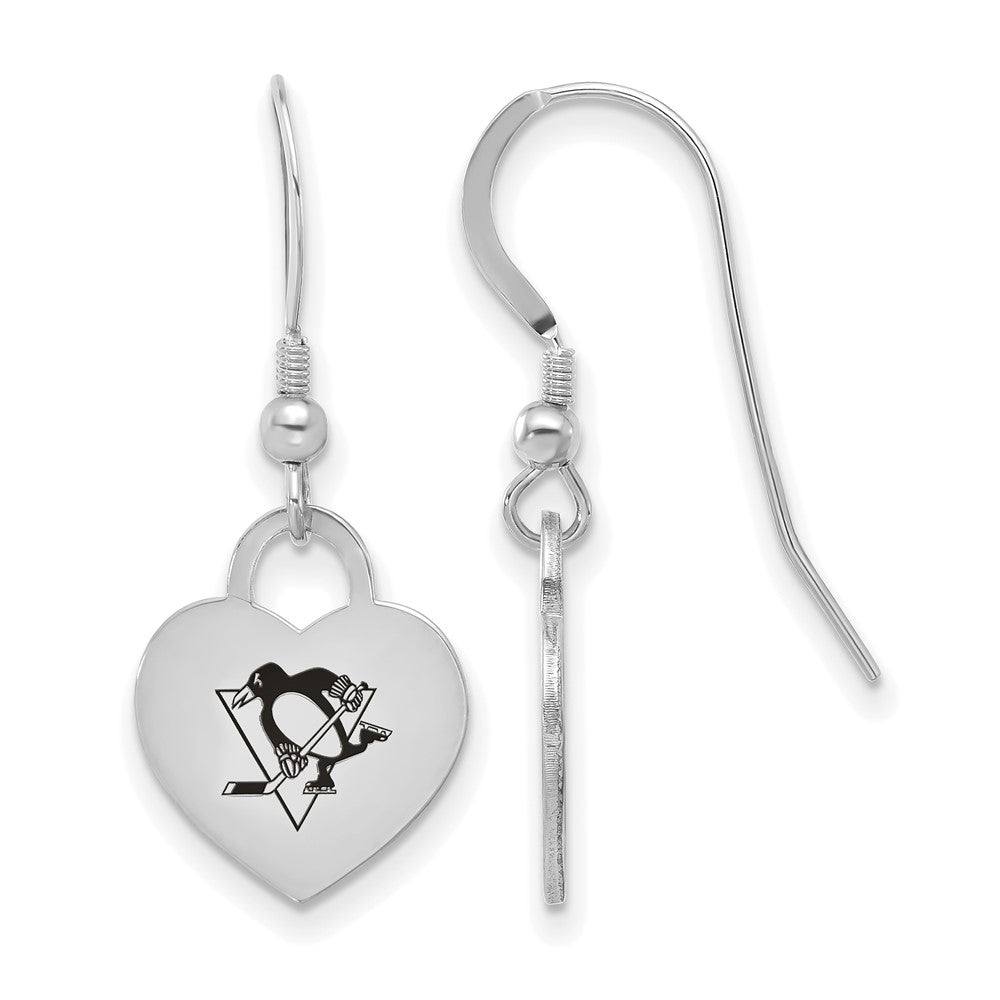 Sterling Silver NHL Pittsburgh Penguins Enamel Heart Dangle Earrings, Item E19121 by The Black Bow Jewelry Co.