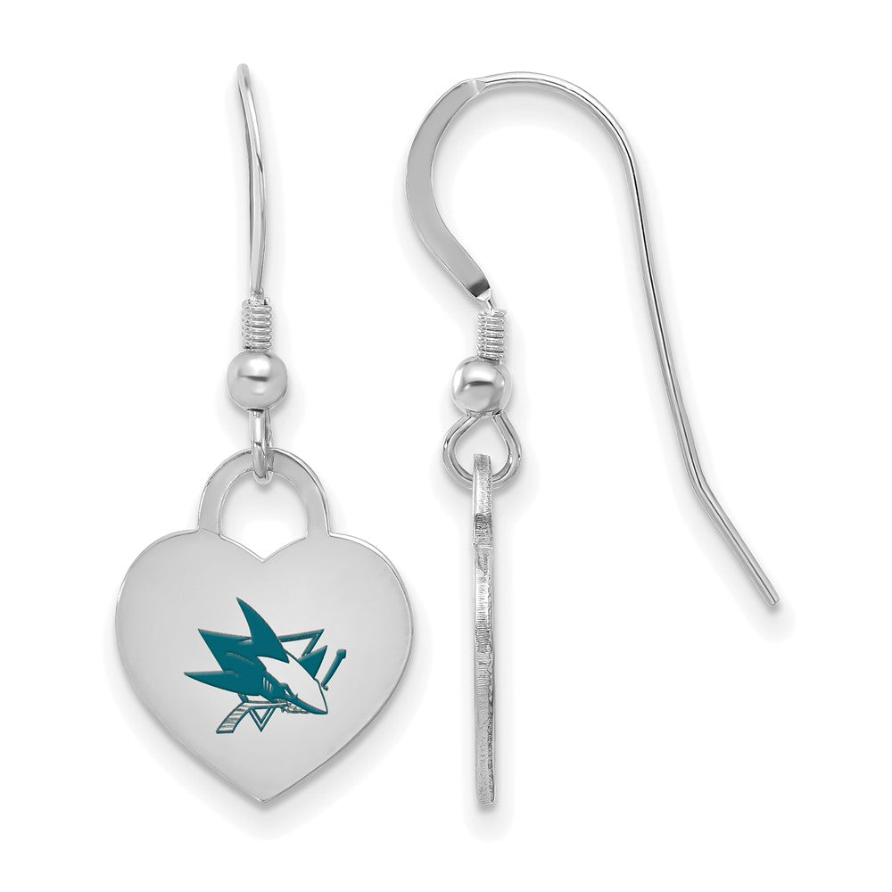 Sterling Silver NHL San Jose Sharks Enamel Heart Dangle Earrings, Item E19123 by The Black Bow Jewelry Co.