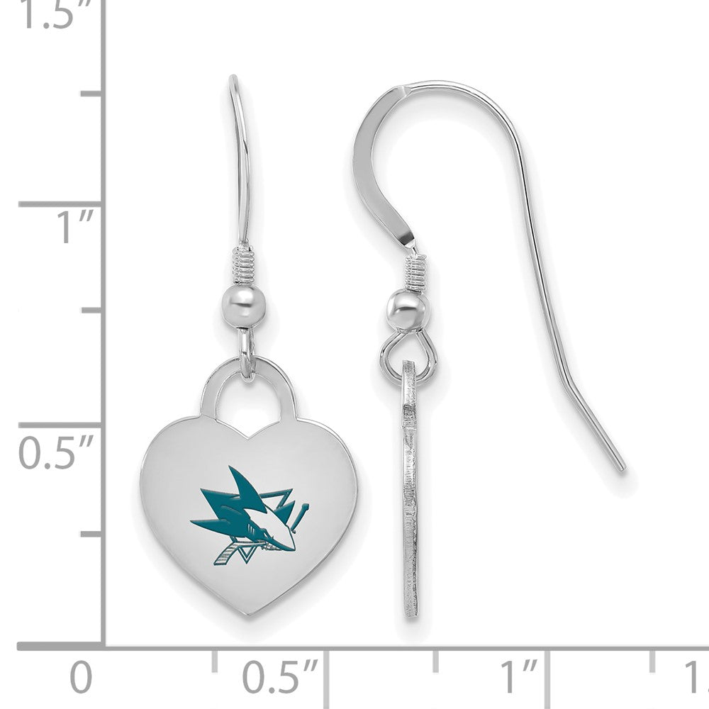 Alternate view of the Sterling Silver NHL San Jose Sharks Enamel Heart Dangle Earrings by The Black Bow Jewelry Co.